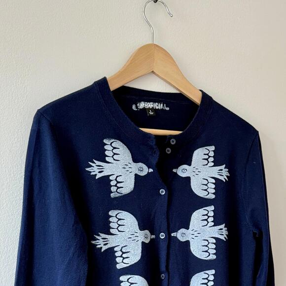 Hand Printed Crew Neck Cotton Bird Print Cardigan - Picture 7 of 9